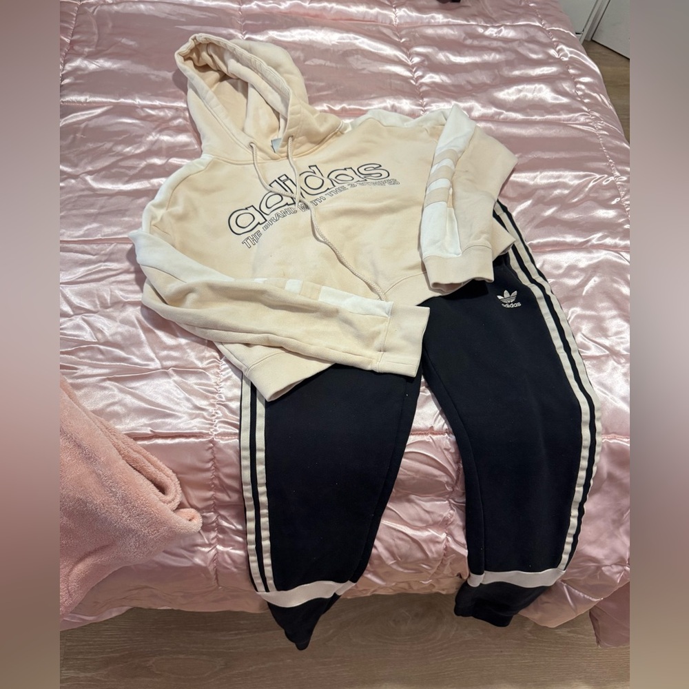 Adidas Black and Cream Sweatpants with Classic Stripe